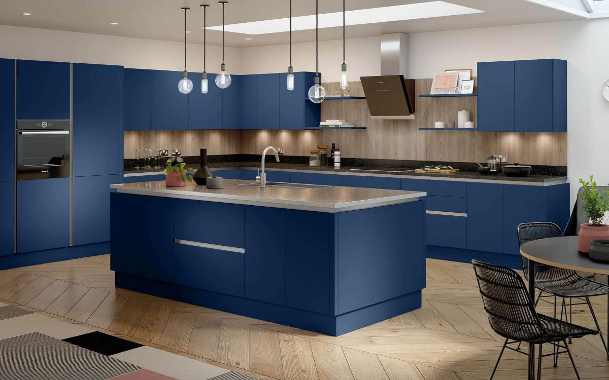 Steel Edged Laminate worktops create a striking feature on this Cassina Marine Blue Kitchen